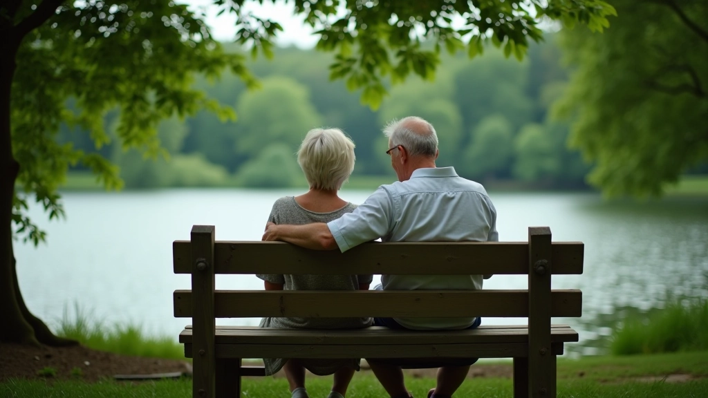Seniorų pora atsikvėpusi ant suolo šalia ežero, šešėlyje, ramios jūros peizažas